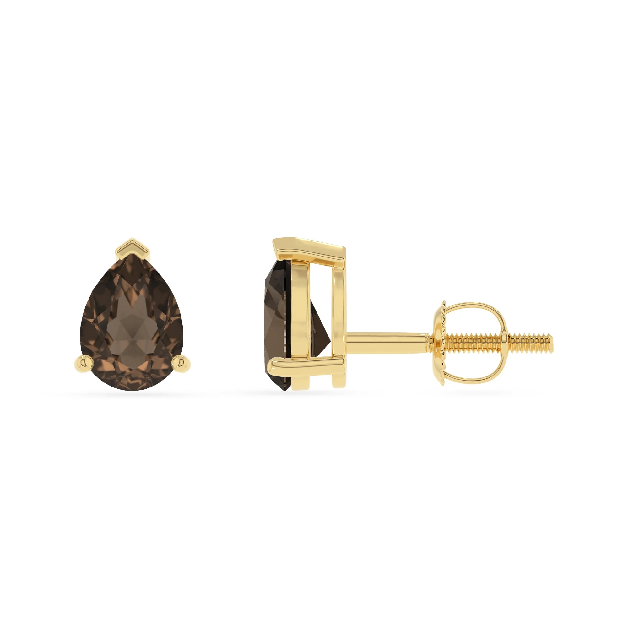 natural smoky quartz pear stud earrings in yellow gold