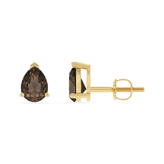 natural smoky quartz pear stud earrings in yellow gold
