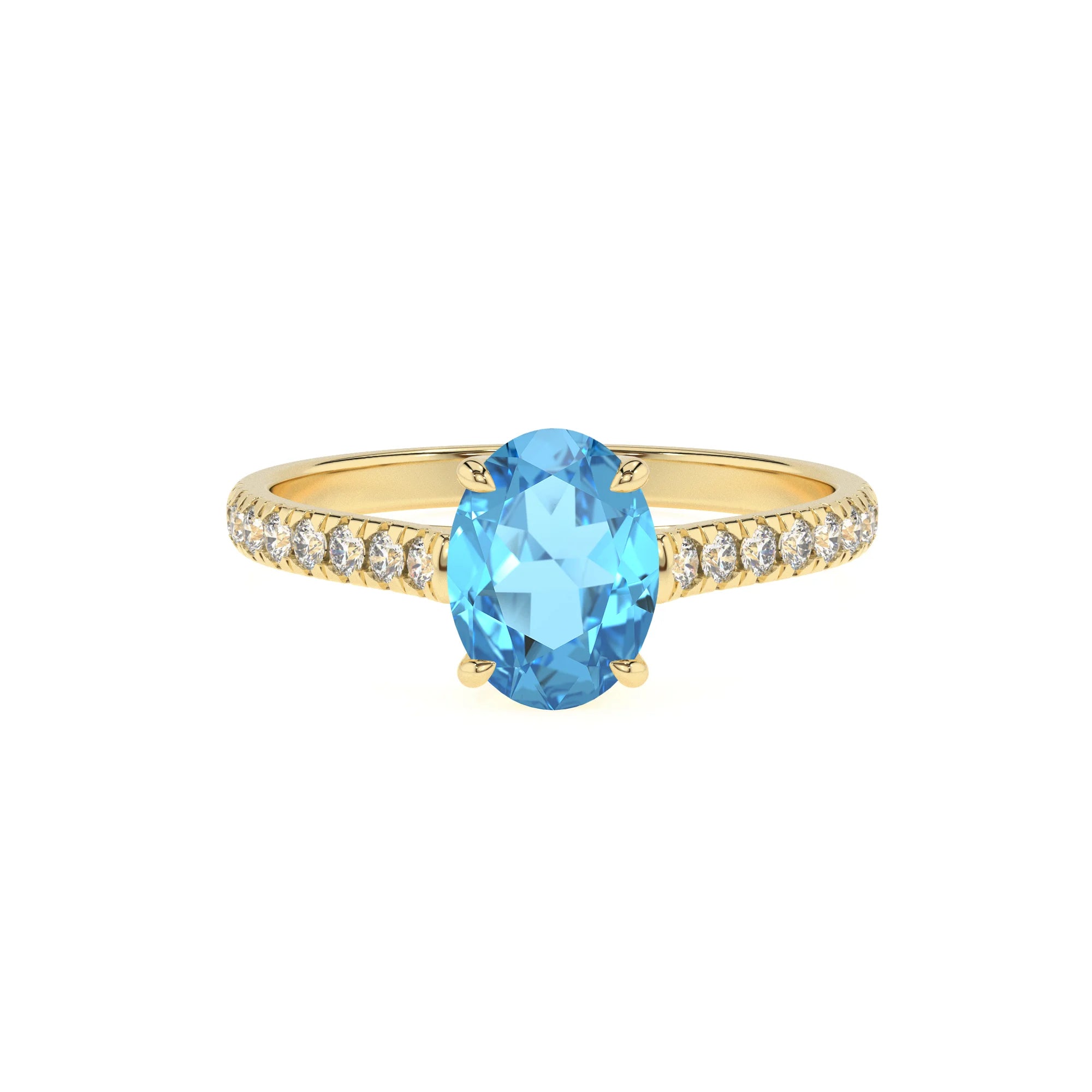 natural swiss-blue-topaz oval half eternity solitaire engagement rings in yellow gold
