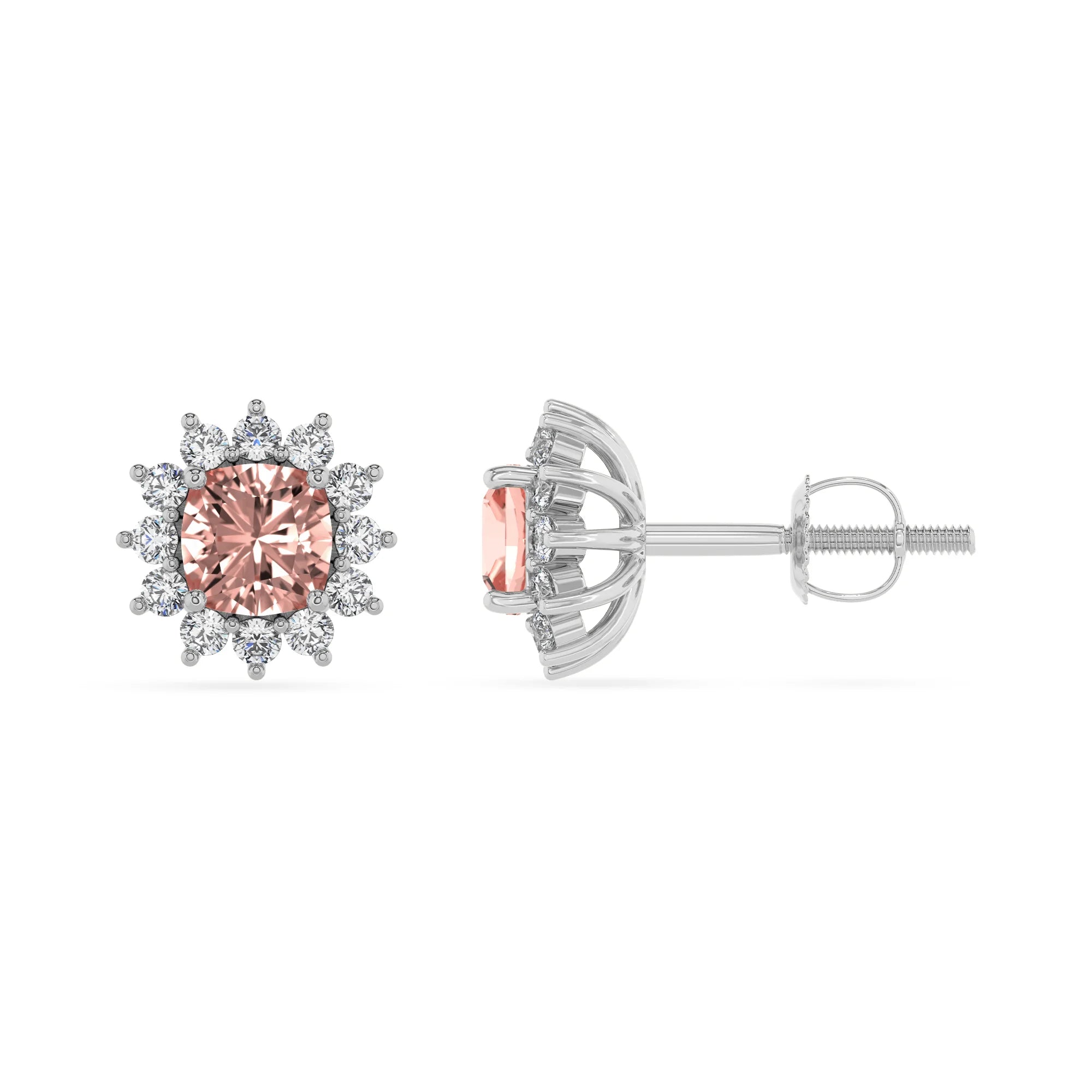 lab grown morganite cushion stud earrings in platinum