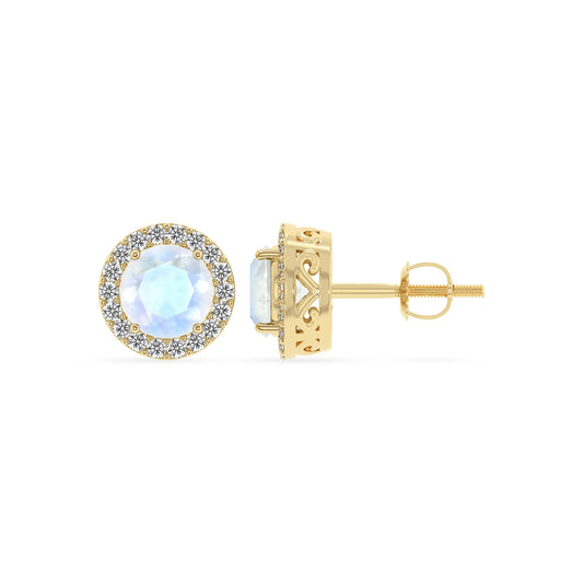 natural rainbow moonstone round stud earrings in yellow gold