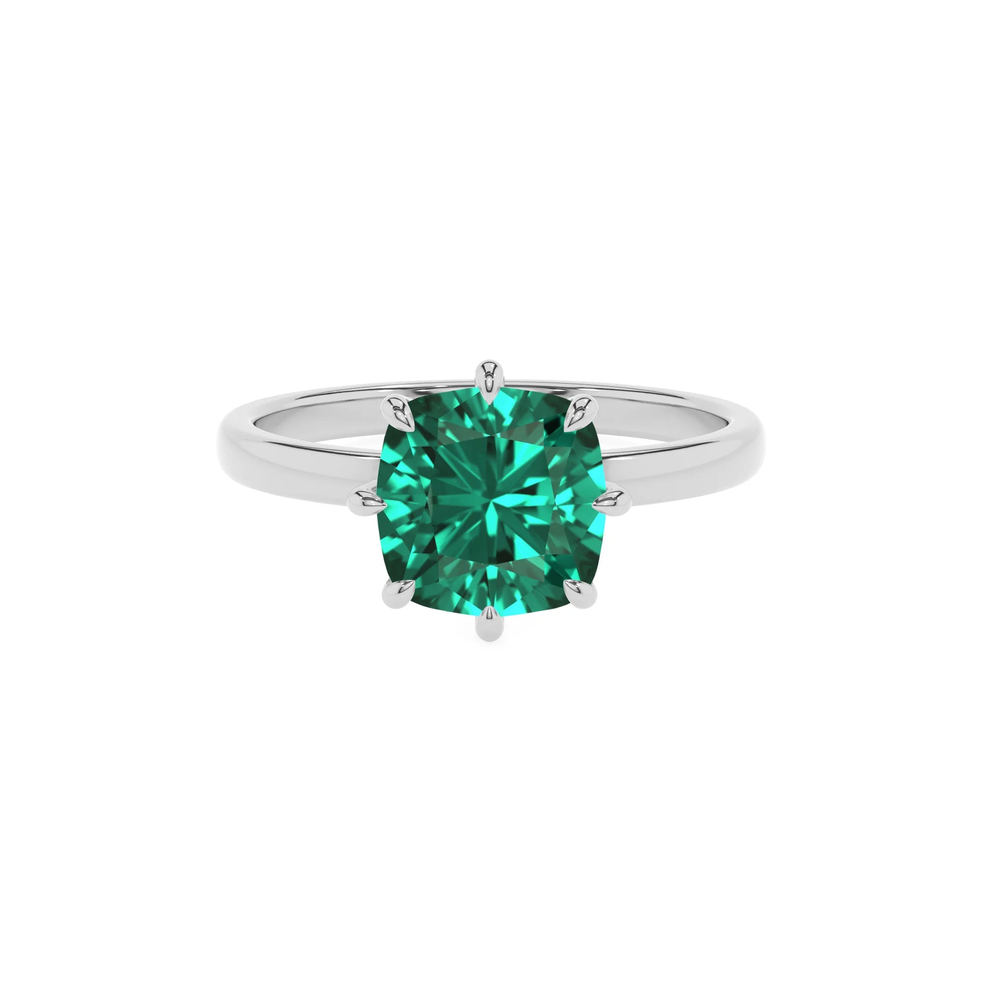 lab grown emerald cushion solitaire rings in sterling silver