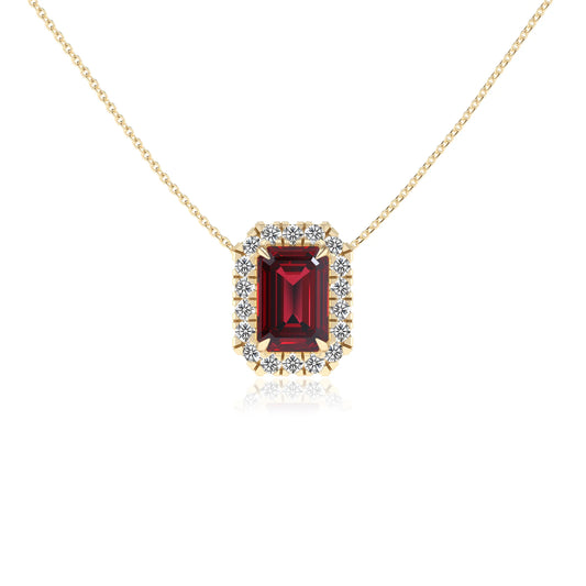 lab grown ruby emerald cut solitaire necklaces in yellow gold