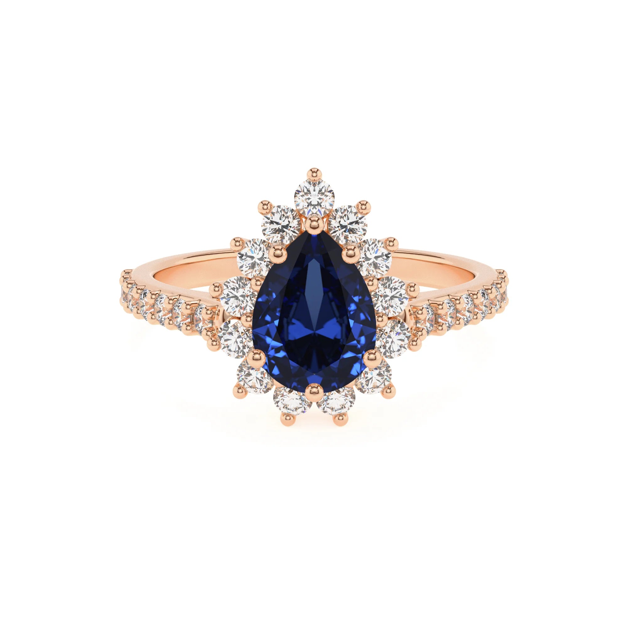 lab grown blue-sapphire pear solitaire rings in rose gold