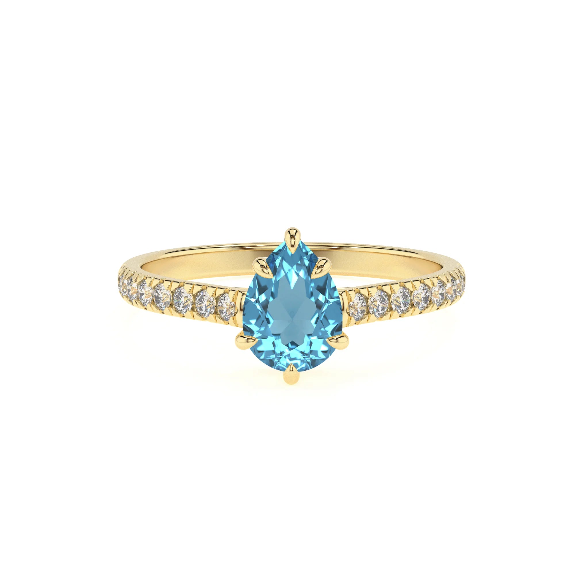 natural swiss-blue-topaz pear half eternity solitaire engagement rings in yellow gold