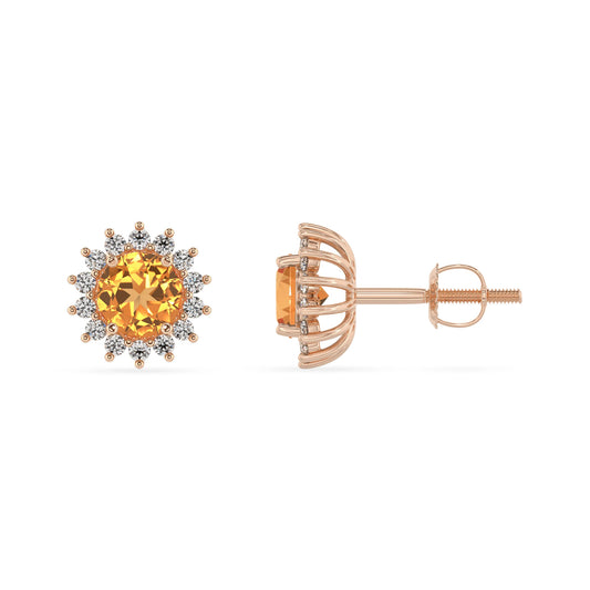 lab grown citrine round stud earrings in rose gold
