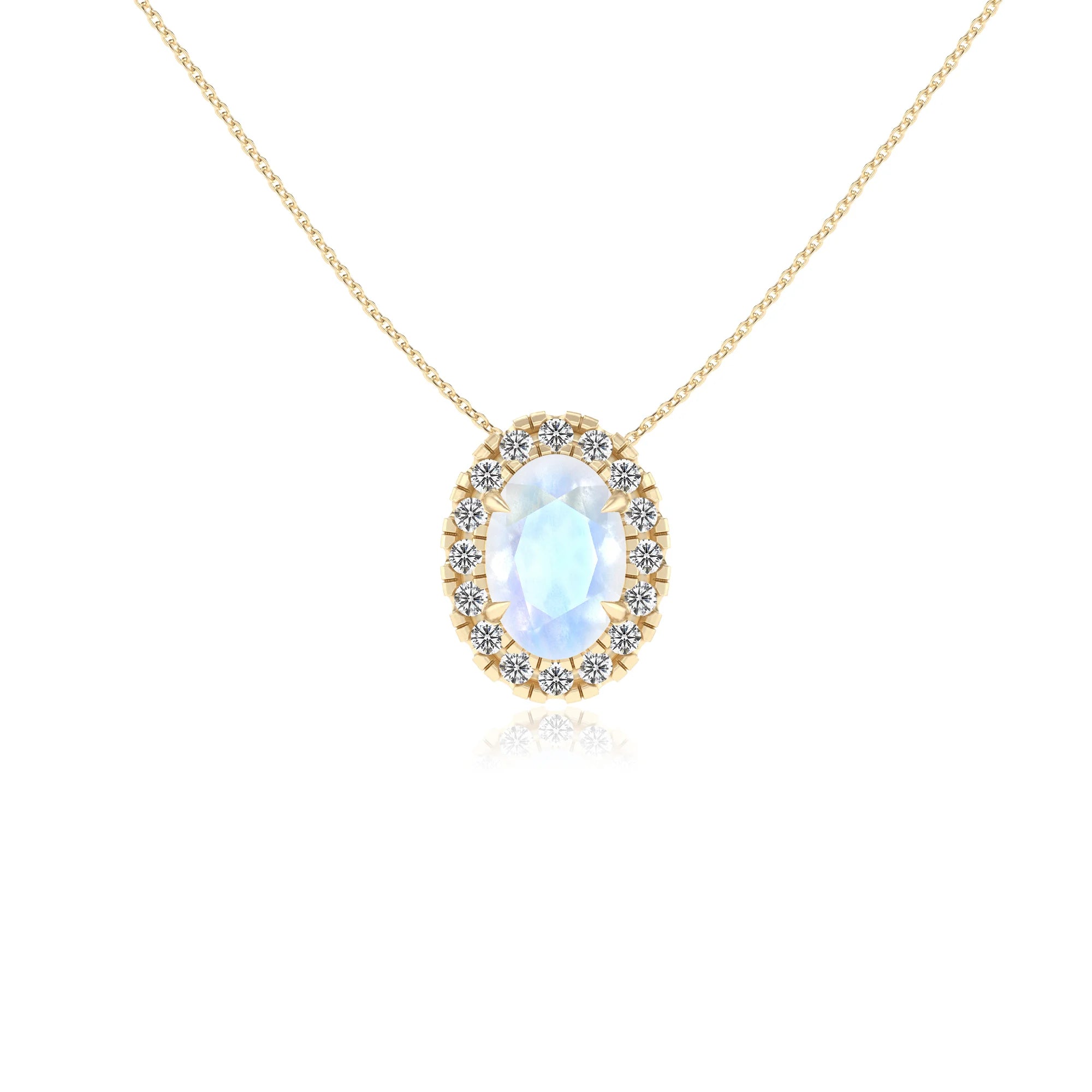 natural rainbow moonstone oval solitaire necklaces in yellow gold