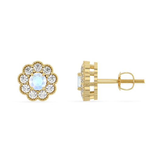 natural rainbow moonstone round stud earrings in yellow gold