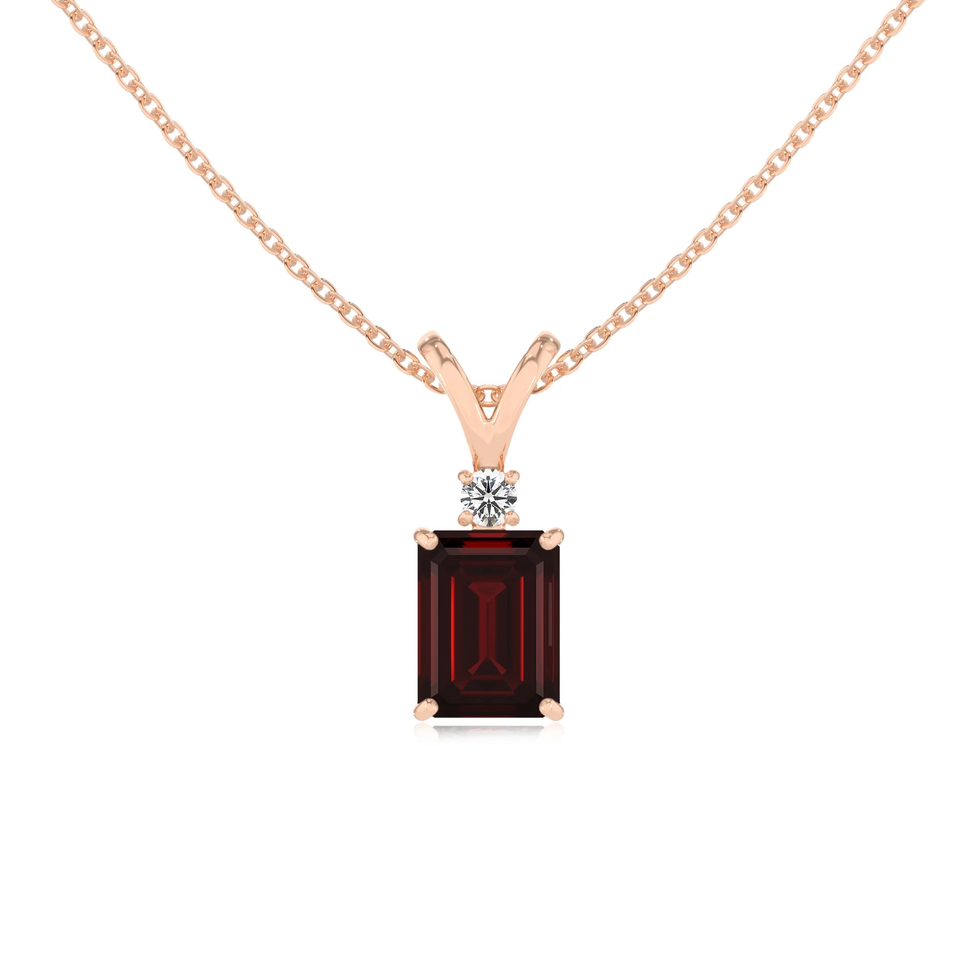 natural garnet emerald cut solitaire v-bale necklaces in rose gold