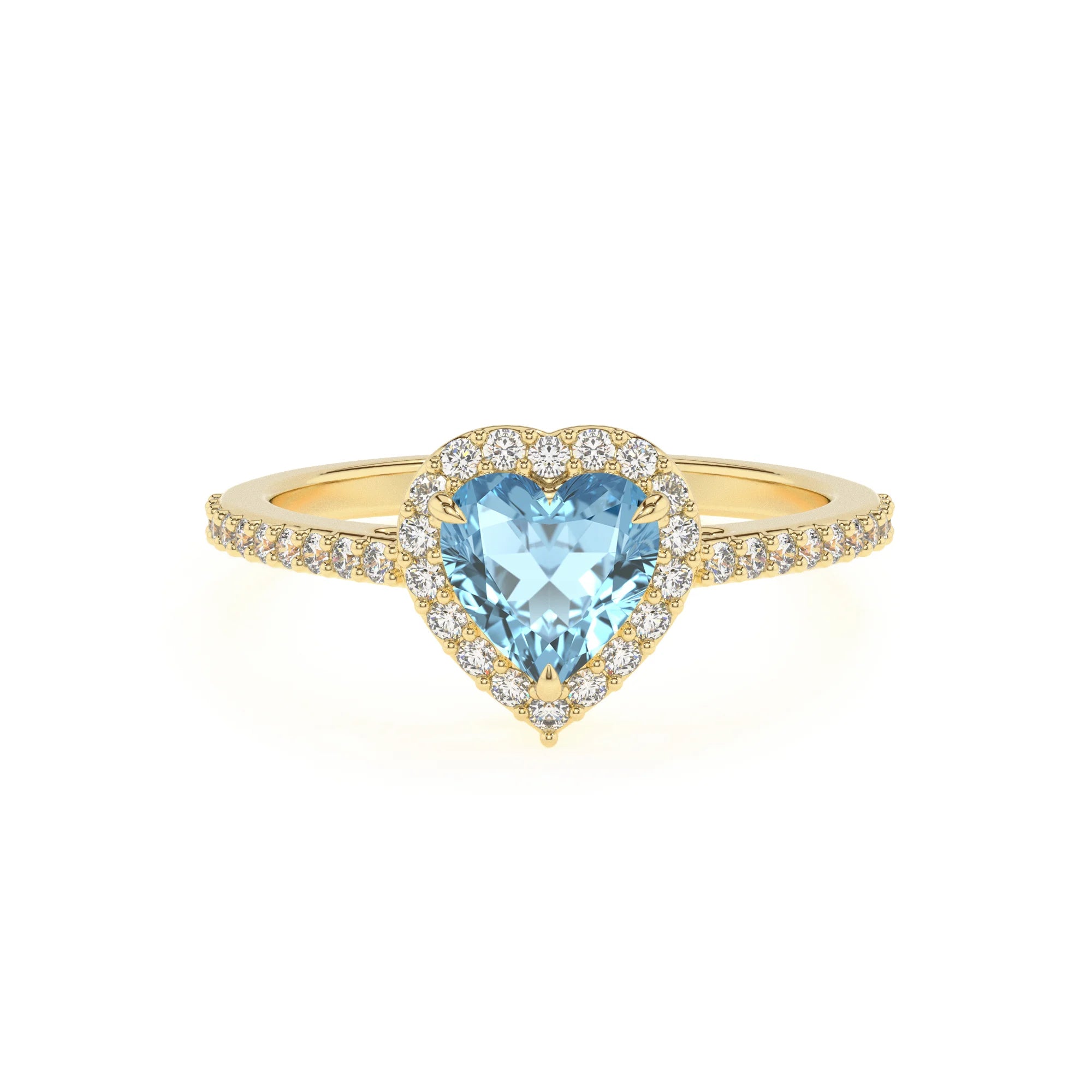 lab grown aquamarine heart solitaire rings in yellow gold