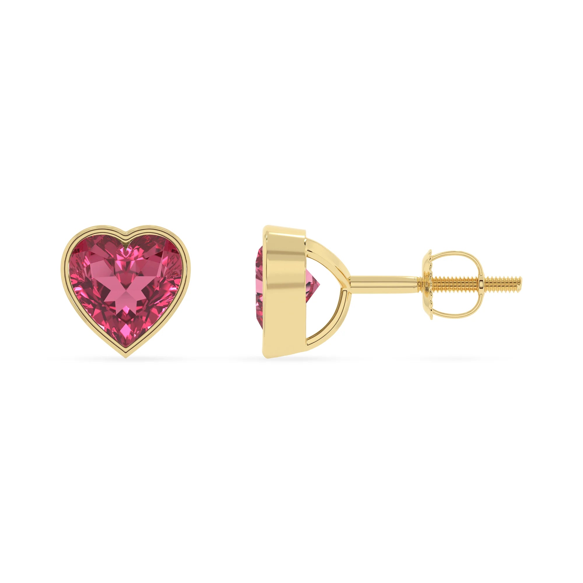 lab grown pink tourmaline heart stud earrings in yellow gold