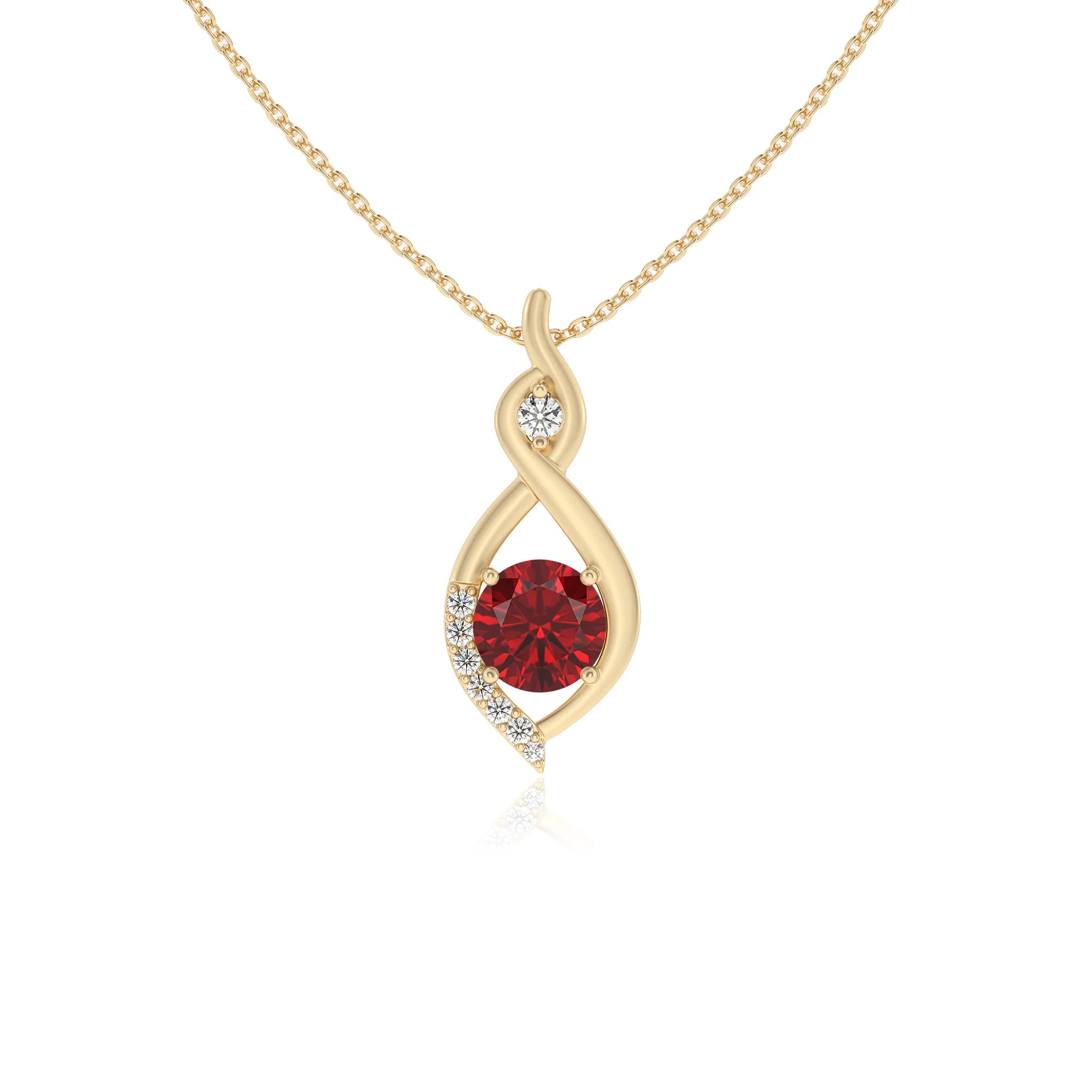 lab grown ruby round solitaire necklaces in yellow gold