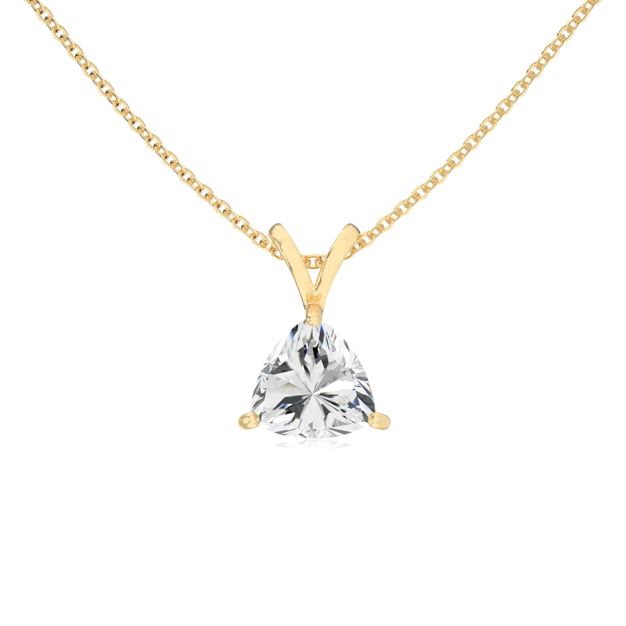 lab grown moissanite trillion solitaire v-bale necklaces in yellow gold