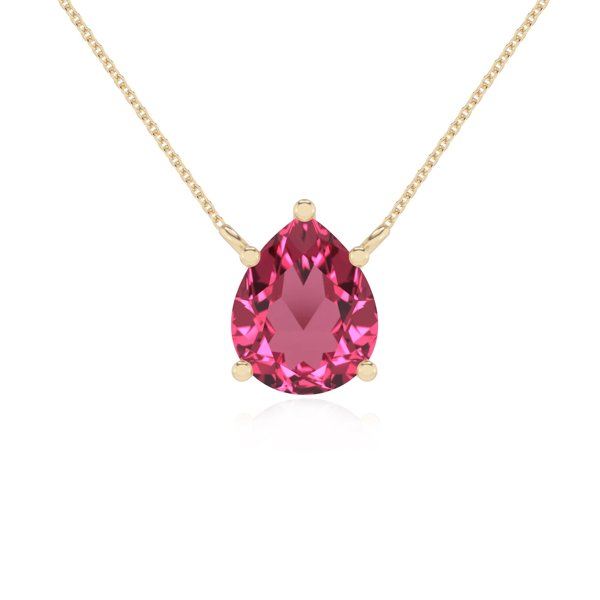 lab grown pink-tourmaline pear solitaire necklaces in yellow gold