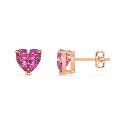 lab grown pink sapphire heart stud earrings in rose gold