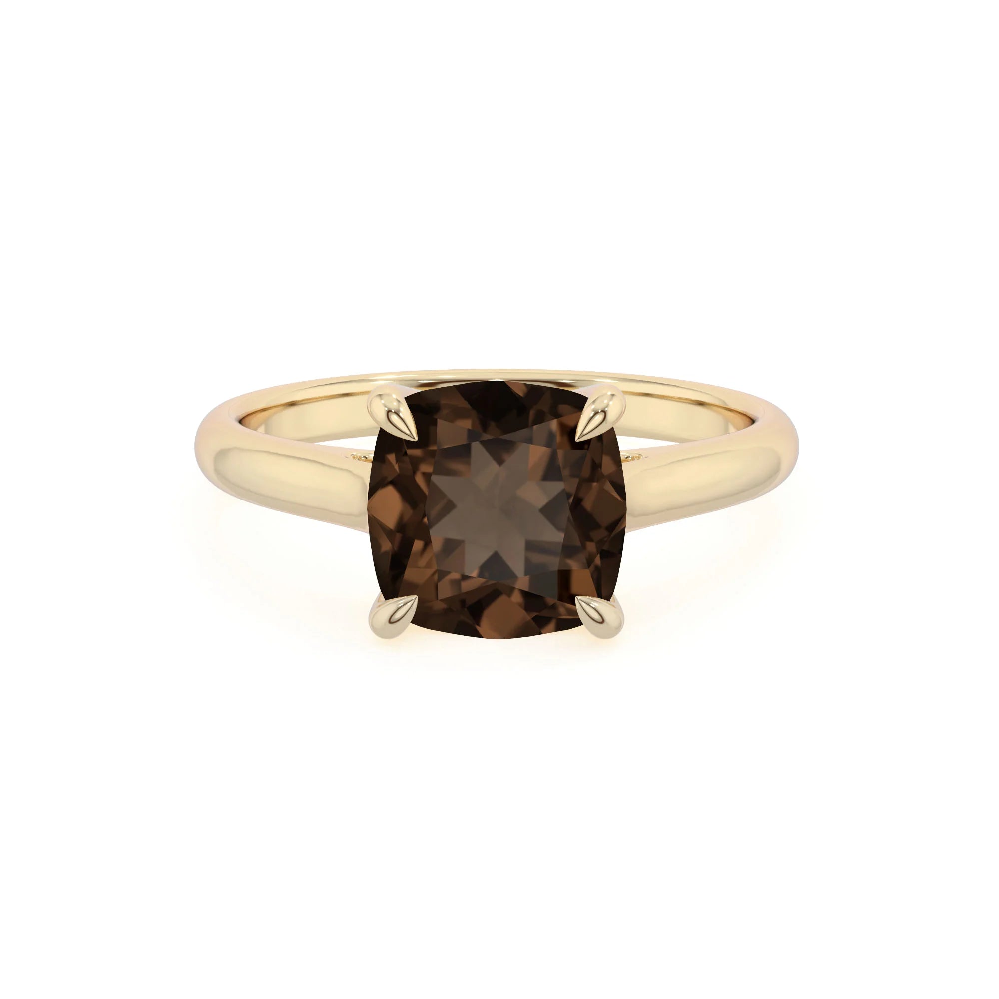 natural smoky-quartz cushion solitaire rings in yellow gold