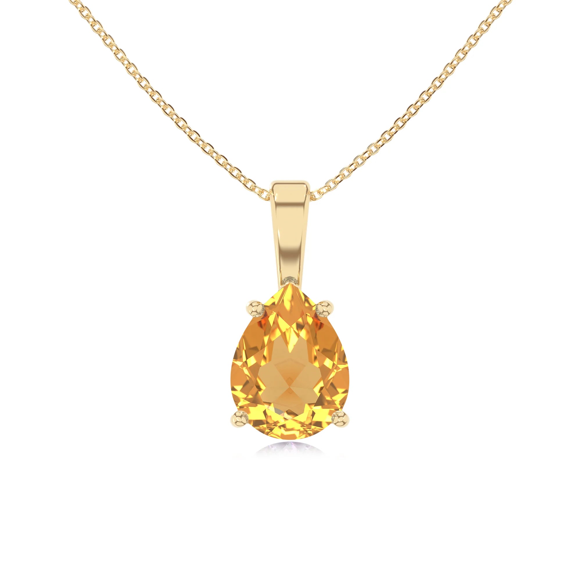 lab grown citrine pear solitaire necklaces in yellow gold