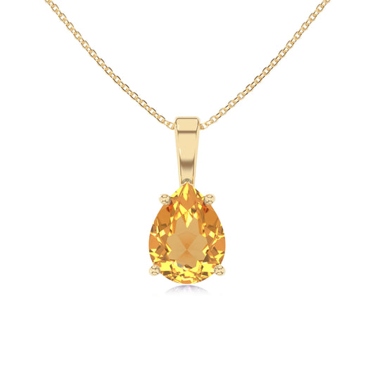 lab grown citrine pear solitaire necklaces in yellow gold
