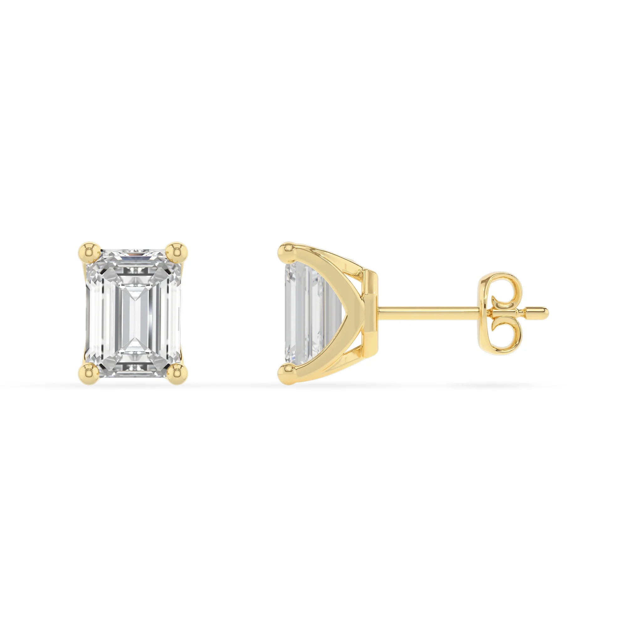 lab grown moissanite emerald cut stud earrings in yellow gold
