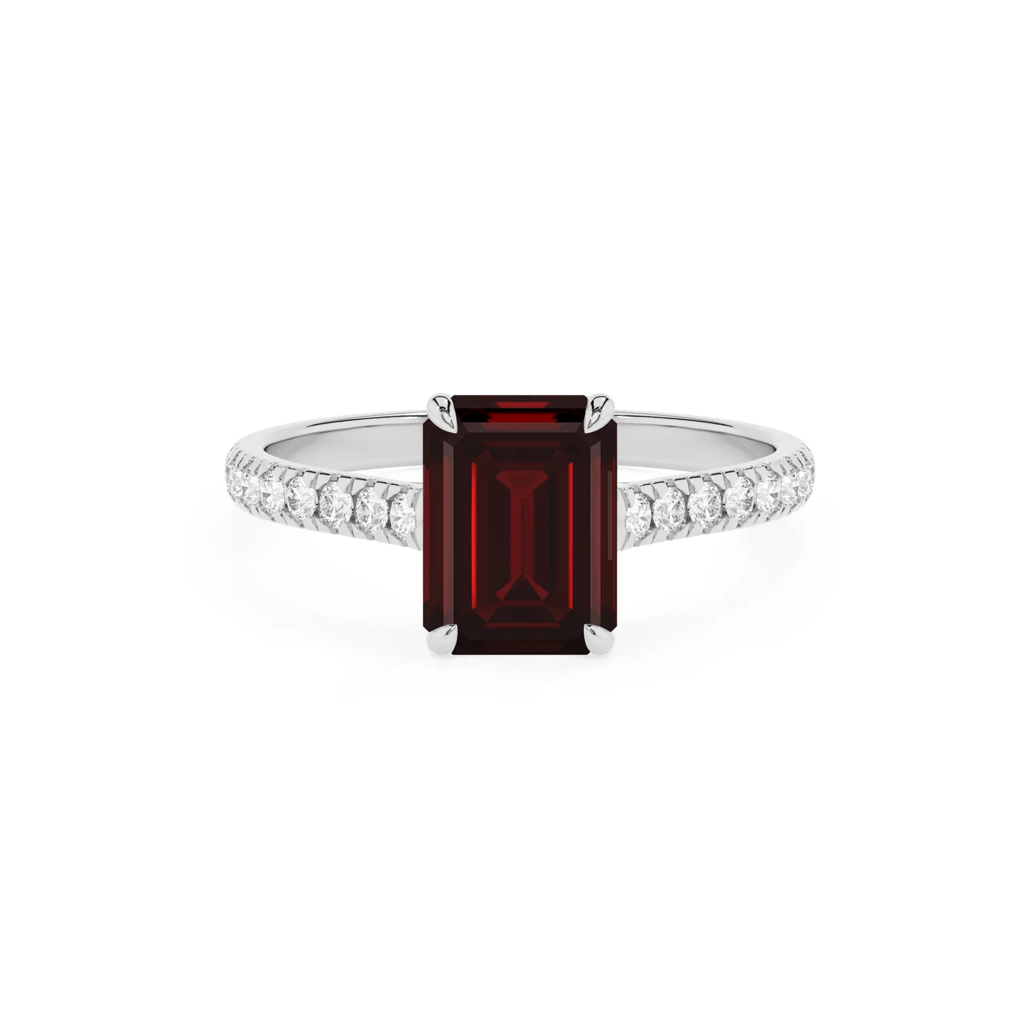 natural garnet emerald cut half eternity solitaire engagement rings in white gold