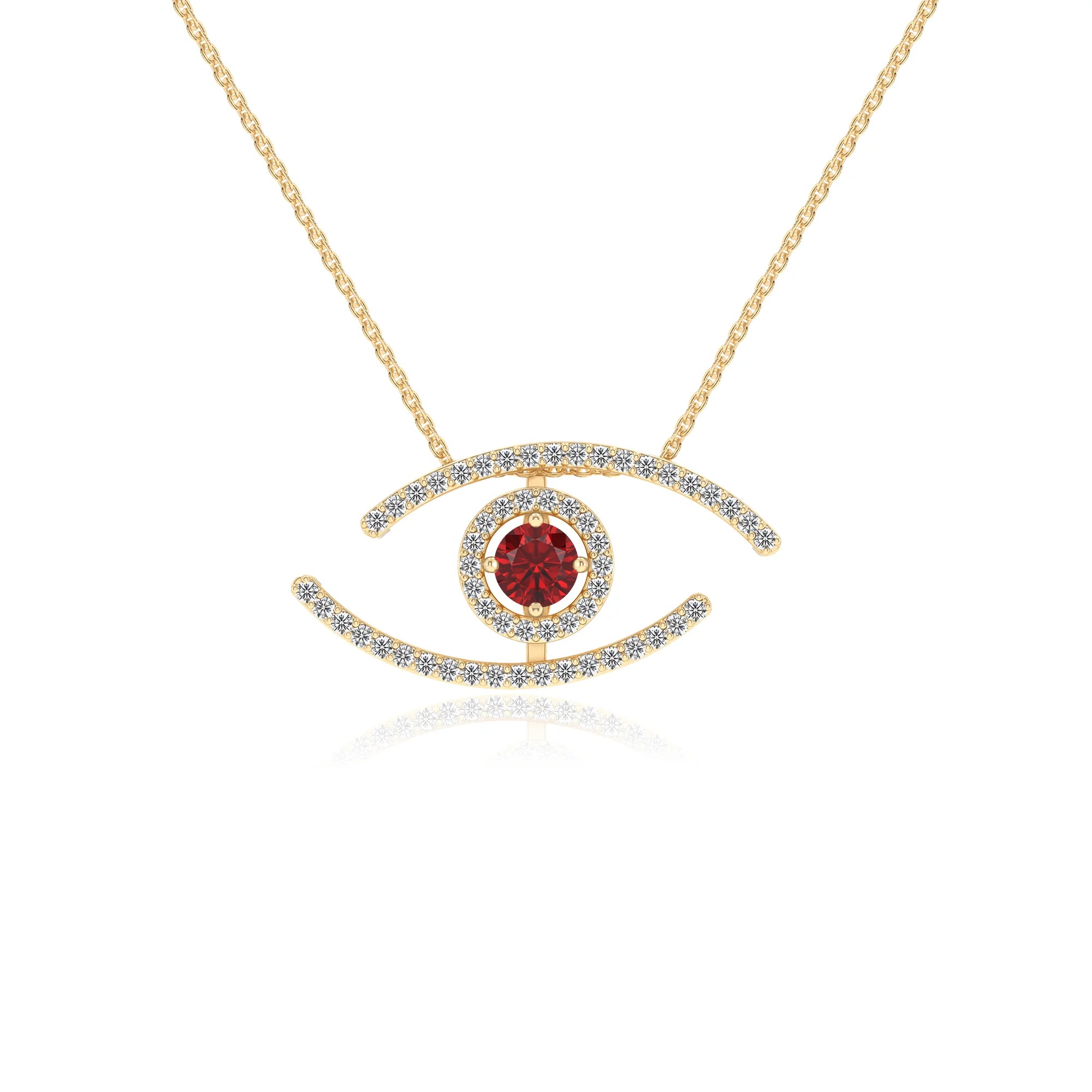 lab grown ruby round solitaire necklaces in yellow gold