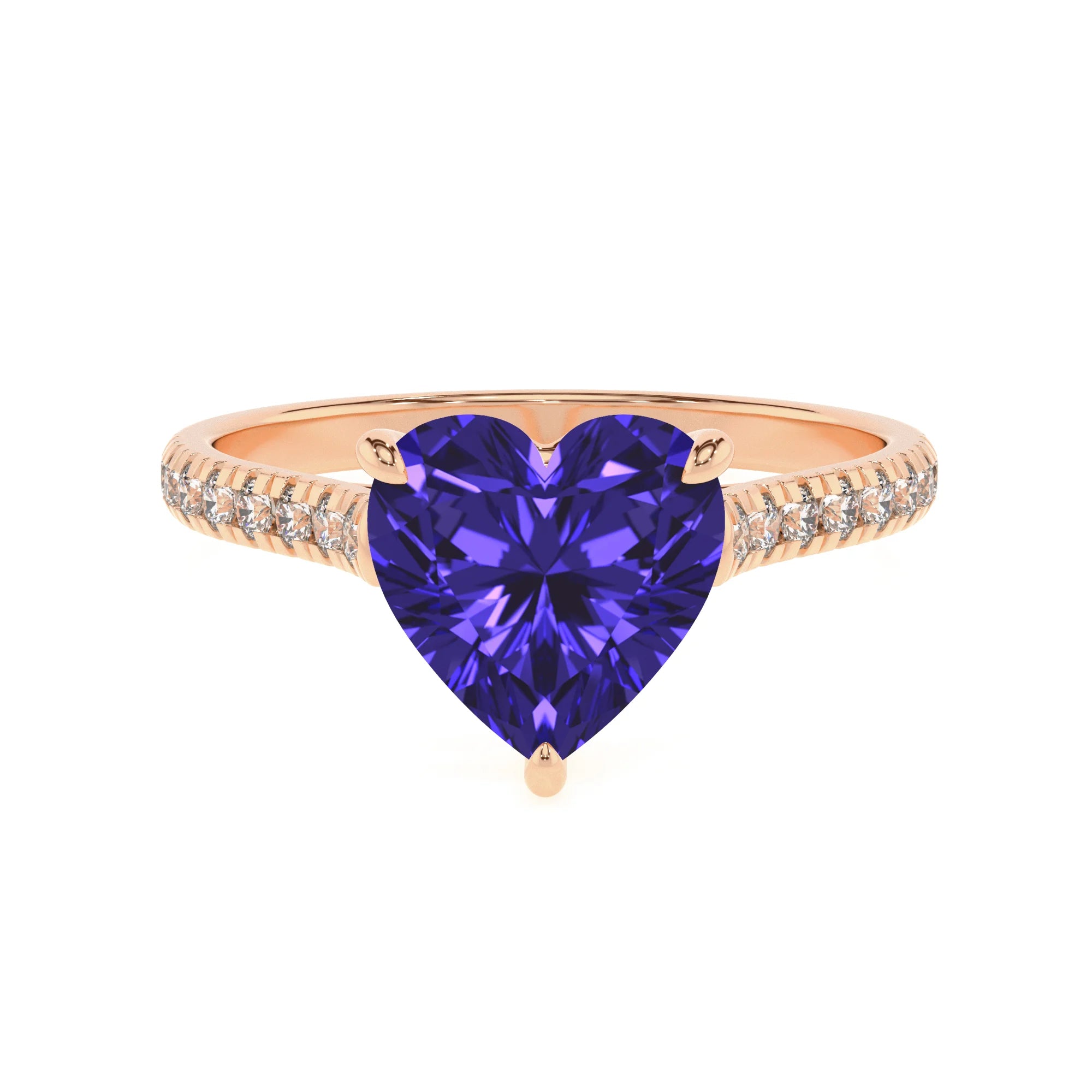 lab grown tanzanite heart half eternity solitaire engagement rings in rose gold