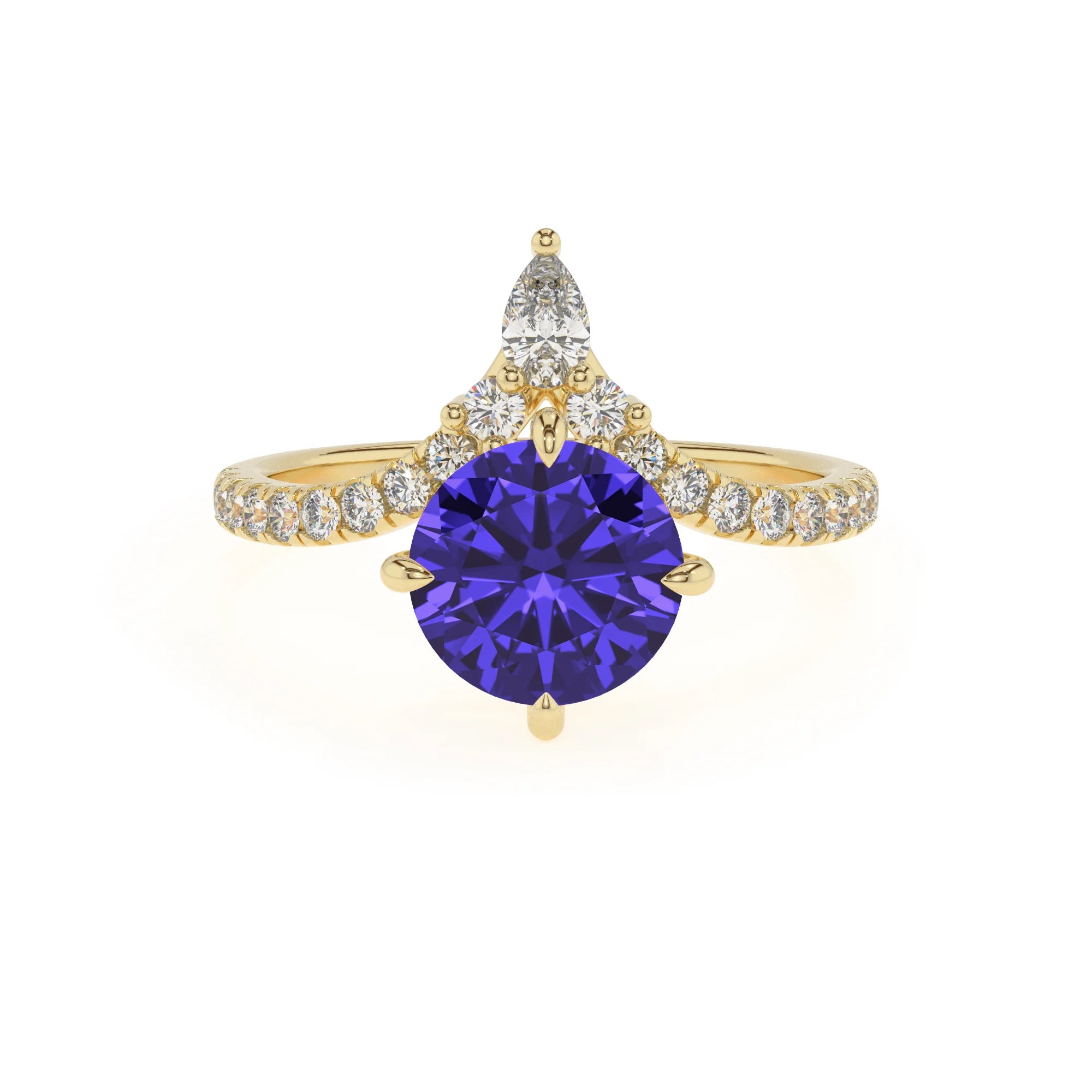 lab grown tanzanite round solitaire rings in yellow gold