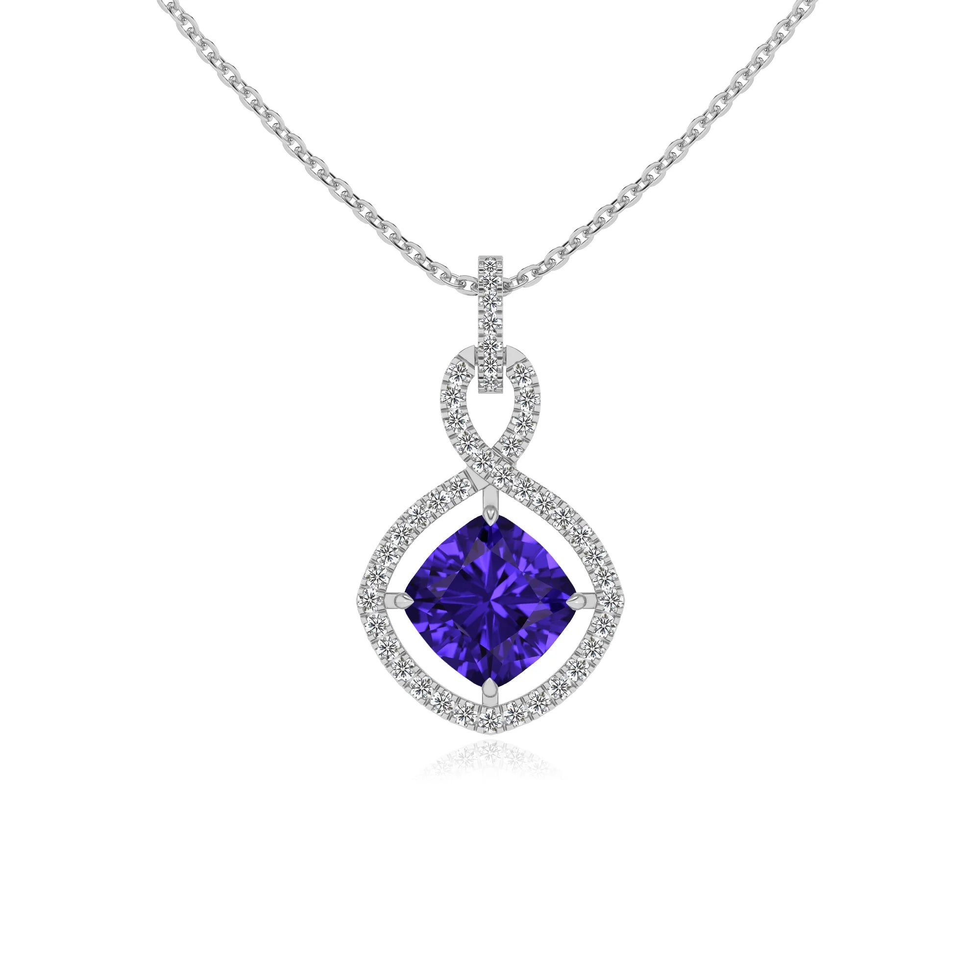 lab grown tanzanite cushion infinity necklaces in white gold