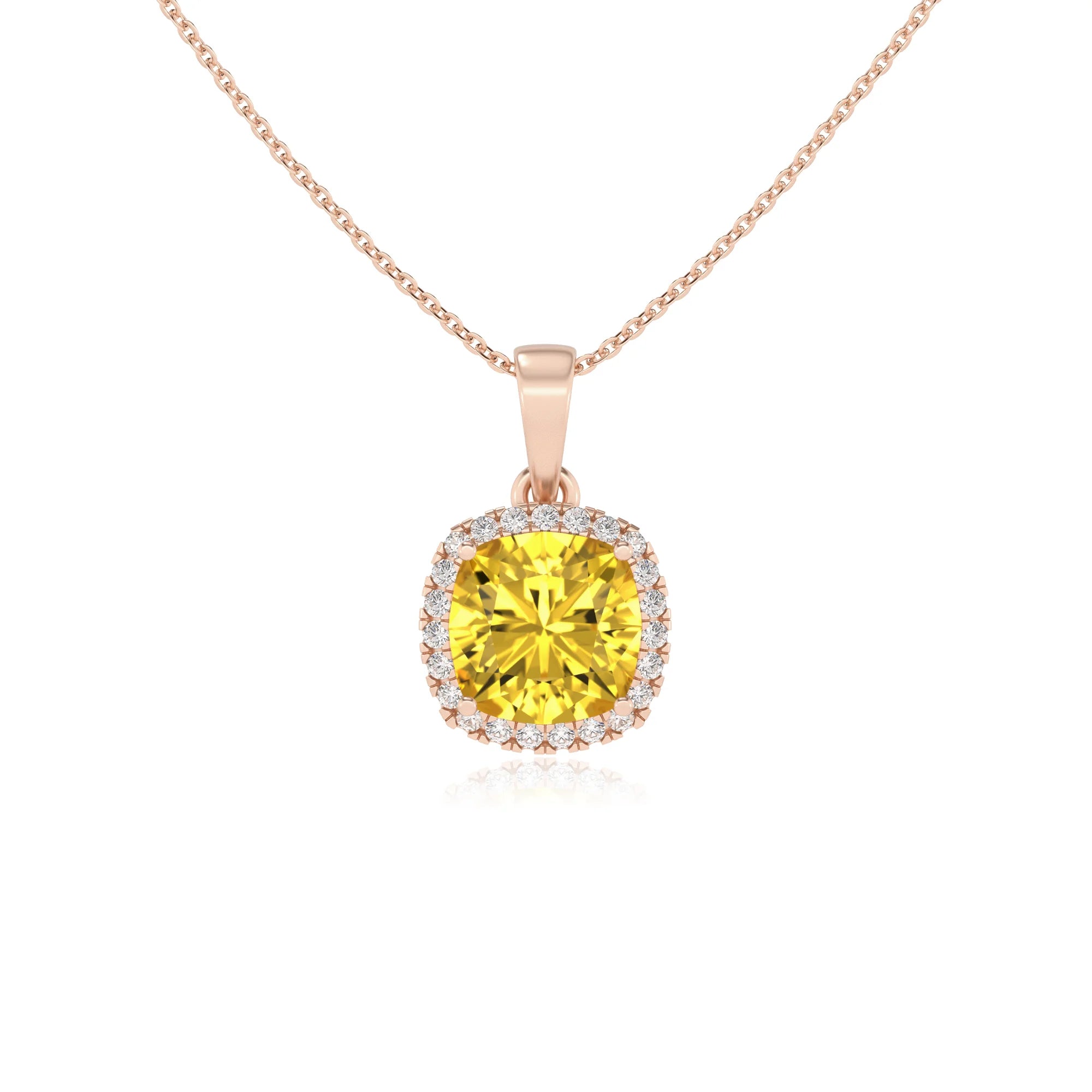 lab grown yellow-sapphire cushion solitaire necklaces in rose gold