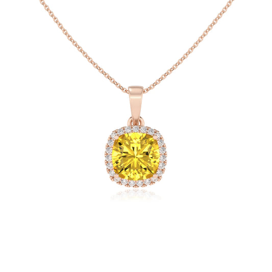 lab grown yellow-sapphire cushion solitaire necklaces in rose gold