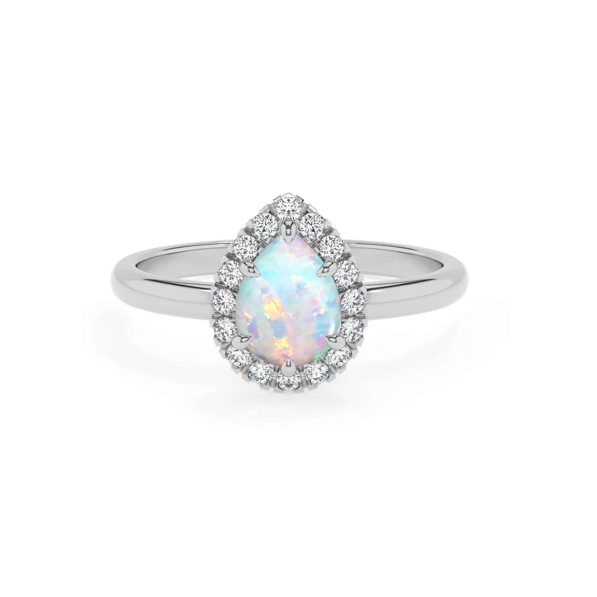 lab grown opal pear solitaire rings in sterling silver