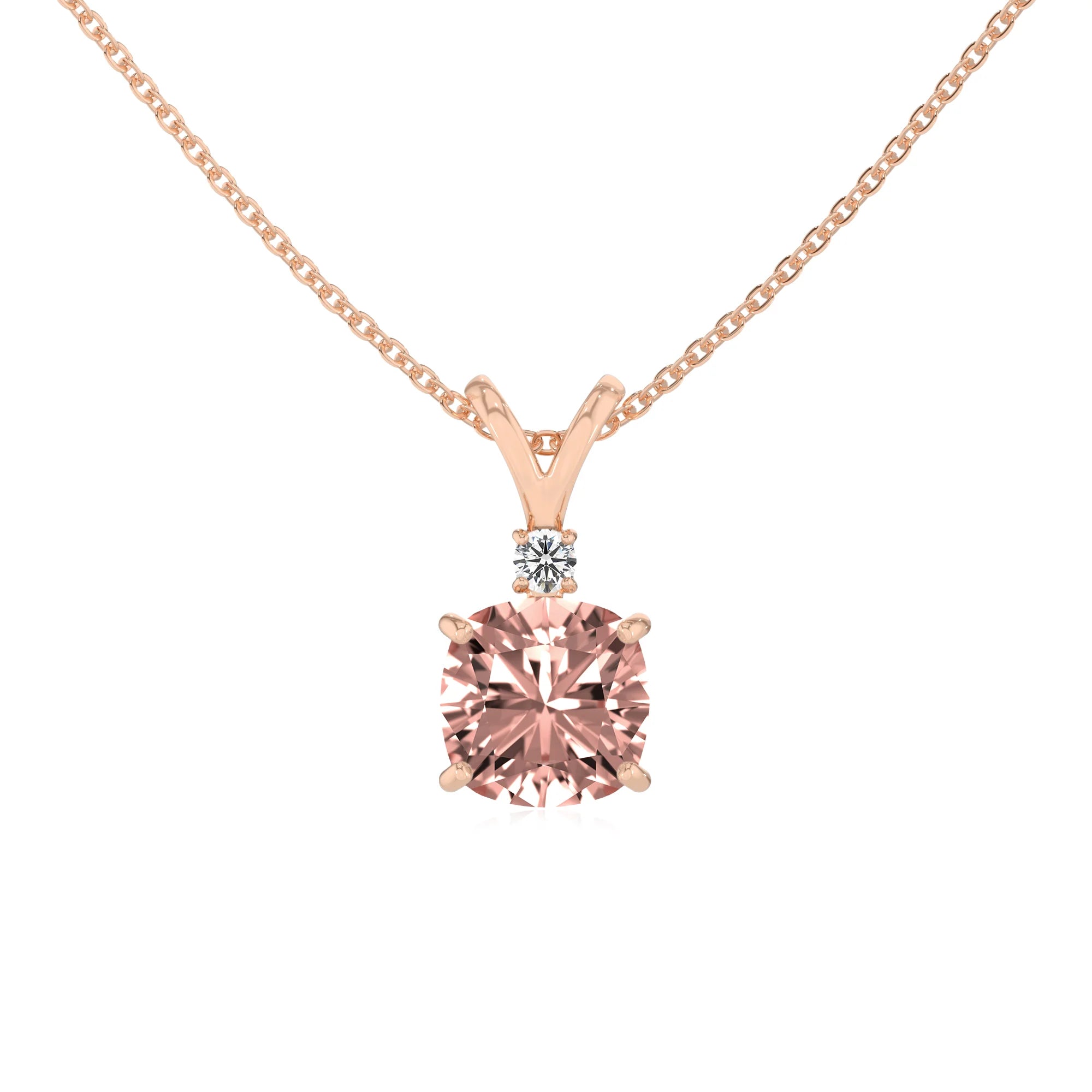 lab grown morganite cushion solitaire v-bale necklaces in rose gold