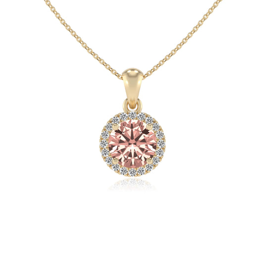 lab grown morganite round solitaire necklaces in yellow gold