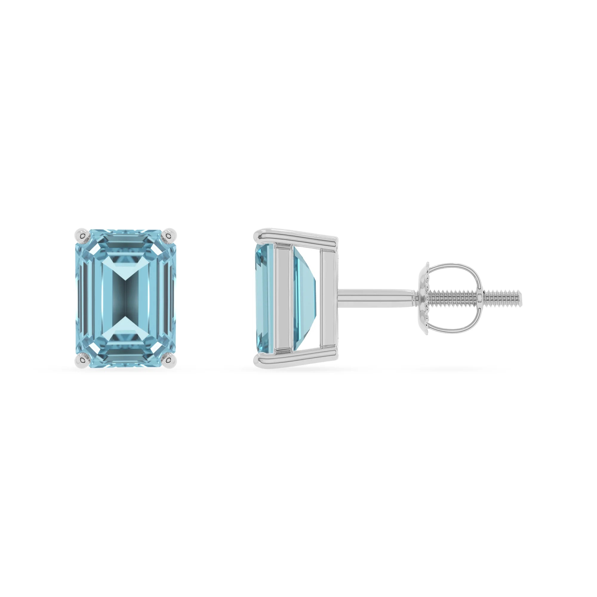 lab grown aquamarine emerald cut stud earrings in platinum