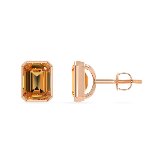 Lab Grown Citrine Emerald-Cut Solitaire Stud Earrings