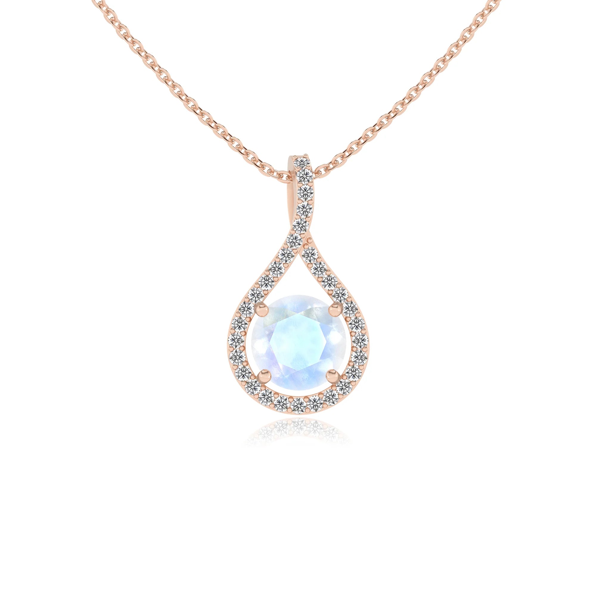 natural rainbow-moonstone round solitaire necklaces in rose gold