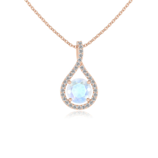 natural rainbow-moonstone round solitaire necklaces in rose gold