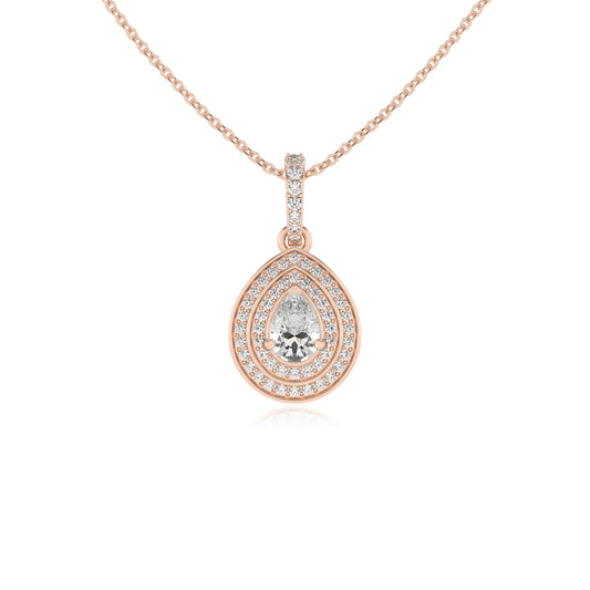lab grown moissanite pear halo necklaces in rose gold