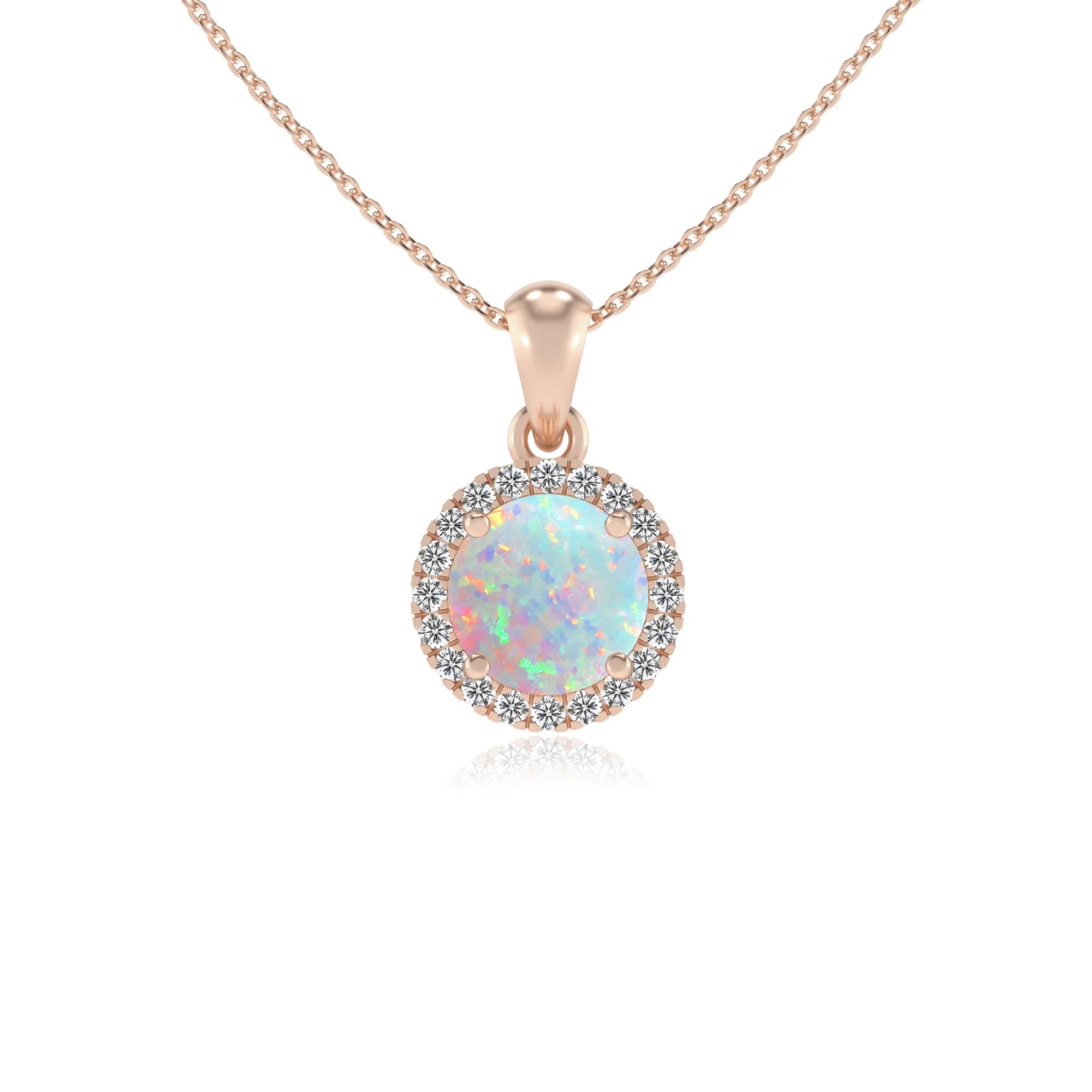 lab grown opal round solitaire necklaces in rose gold