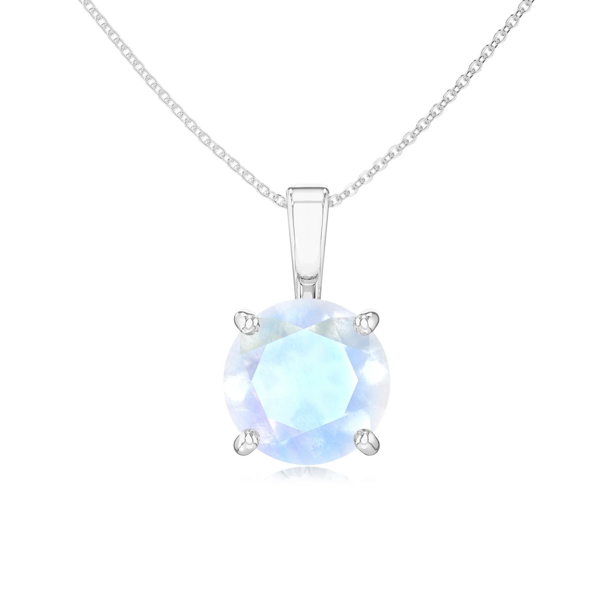 natural rainbow-moonstone round solitaire necklaces in white gold