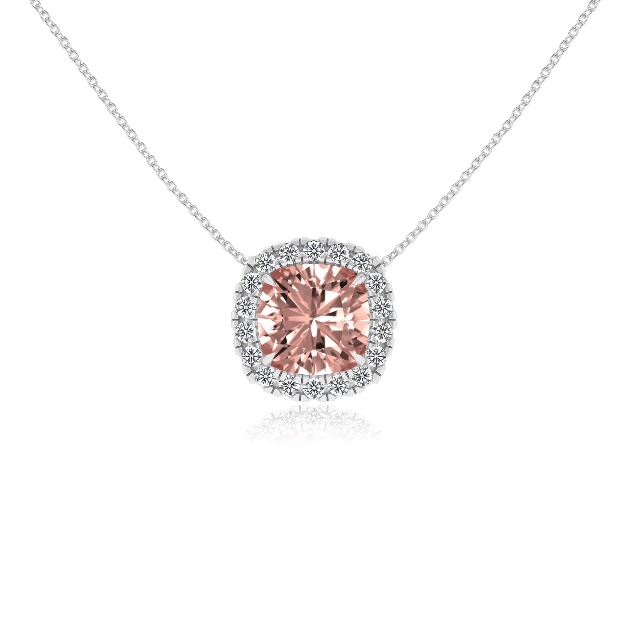 lab grown morganite cushion solitaire necklaces in sterling silver