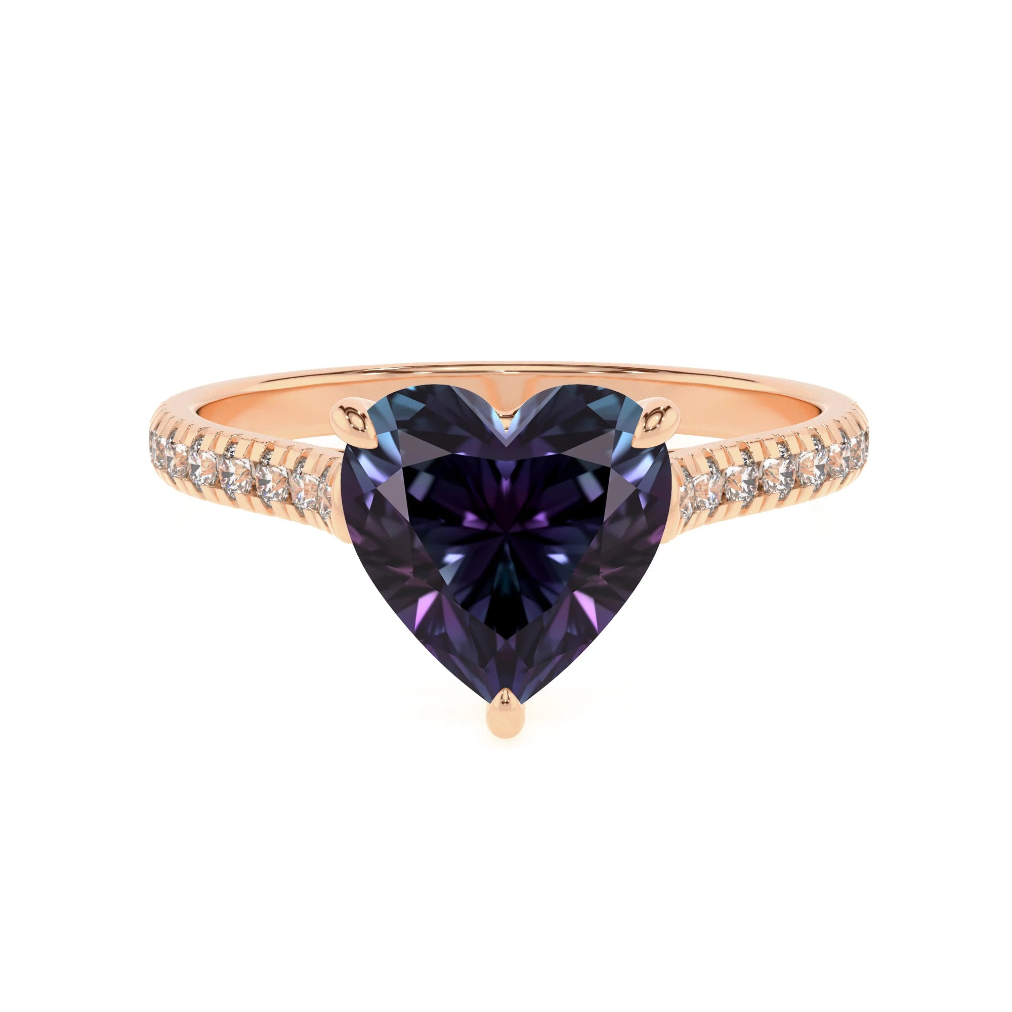 lab grown alexandrite heart half eternity solitaire engagement rings in rose gold