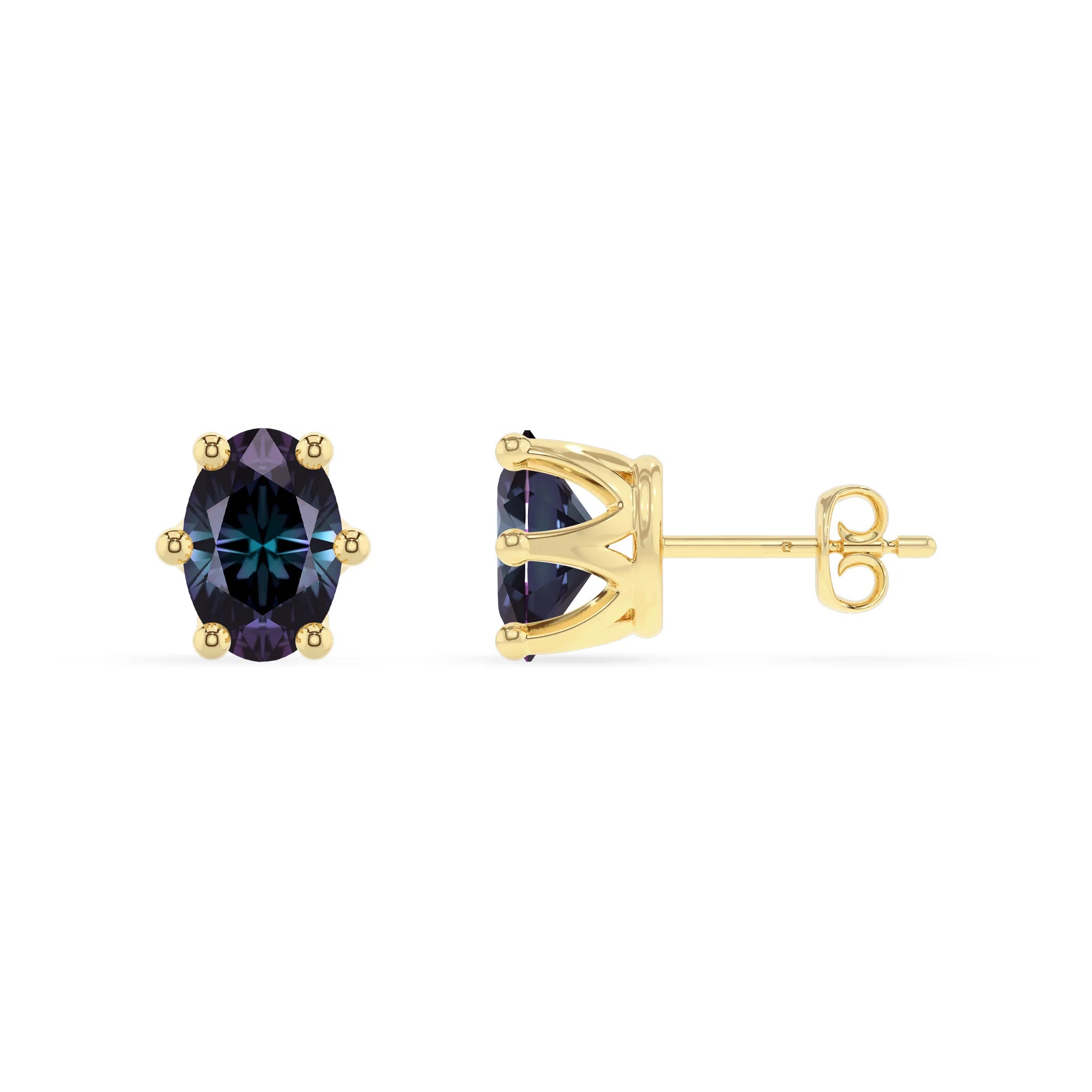 lab grown alexandrite oval stud earrings in yellow gold