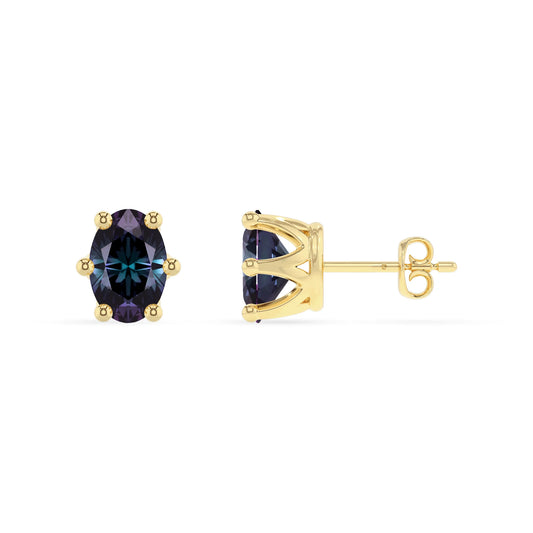 lab grown alexandrite oval stud earrings in yellow gold