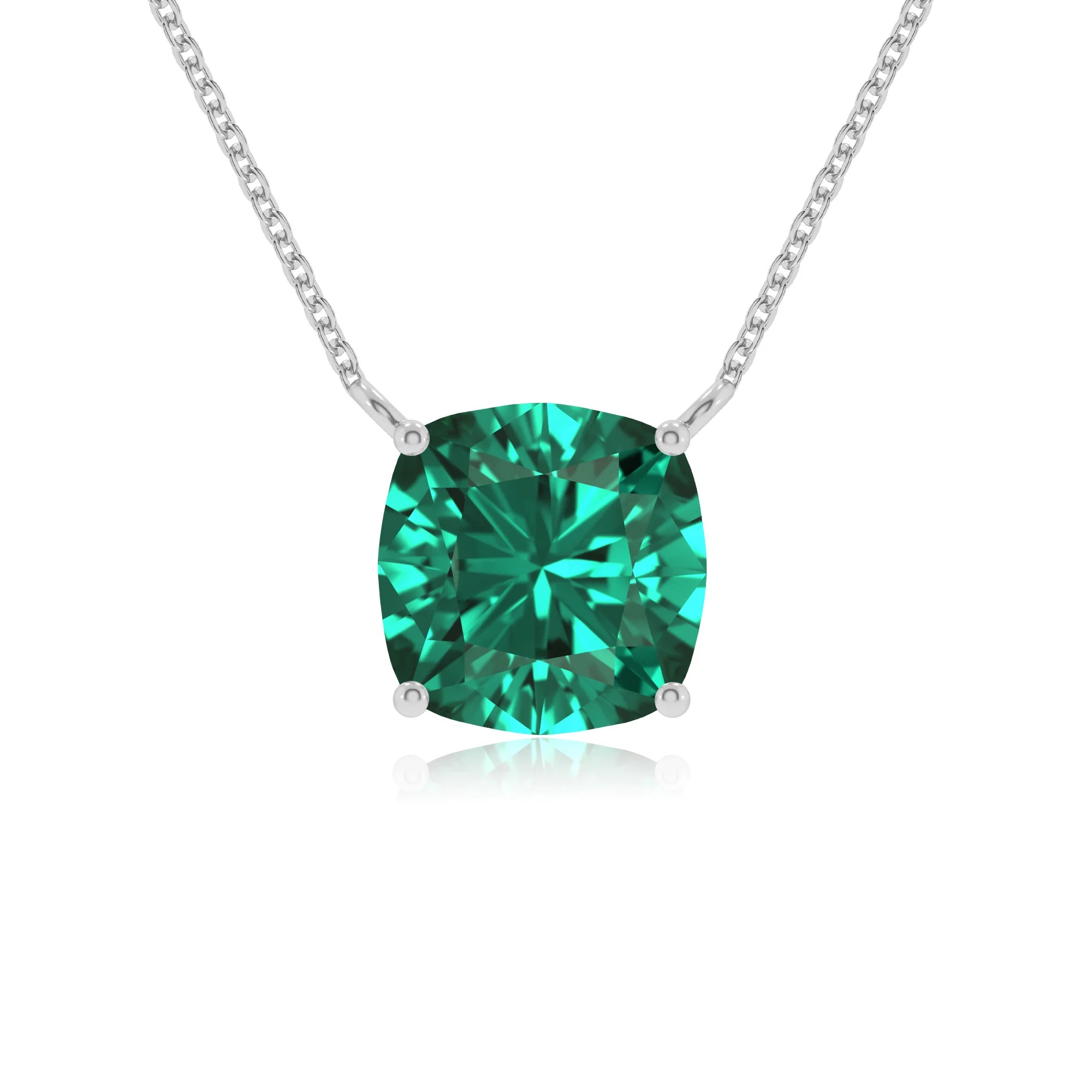 lab grown emerald cushion solitaire necklaces in white gold
