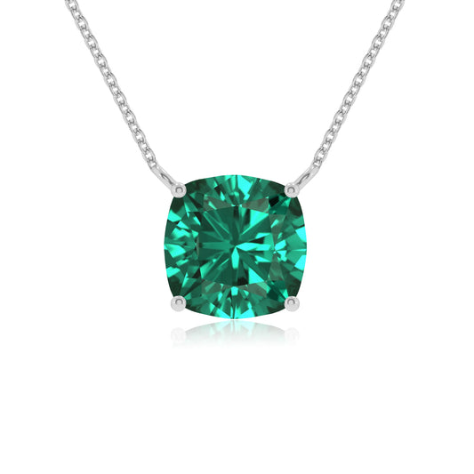 lab grown emerald cushion solitaire necklaces in white gold