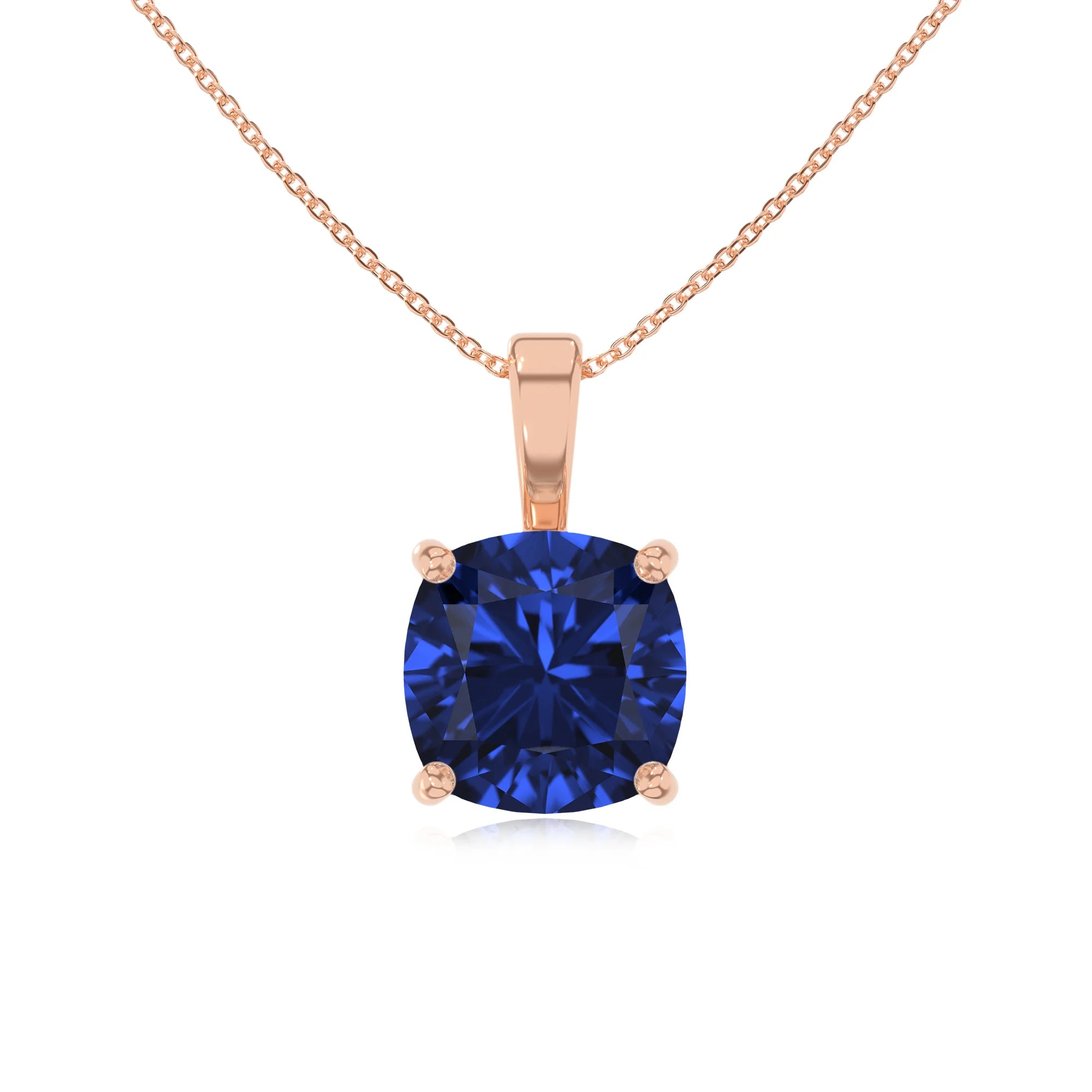 lab grown blue-sapphire cushion solitaire necklaces in rose gold