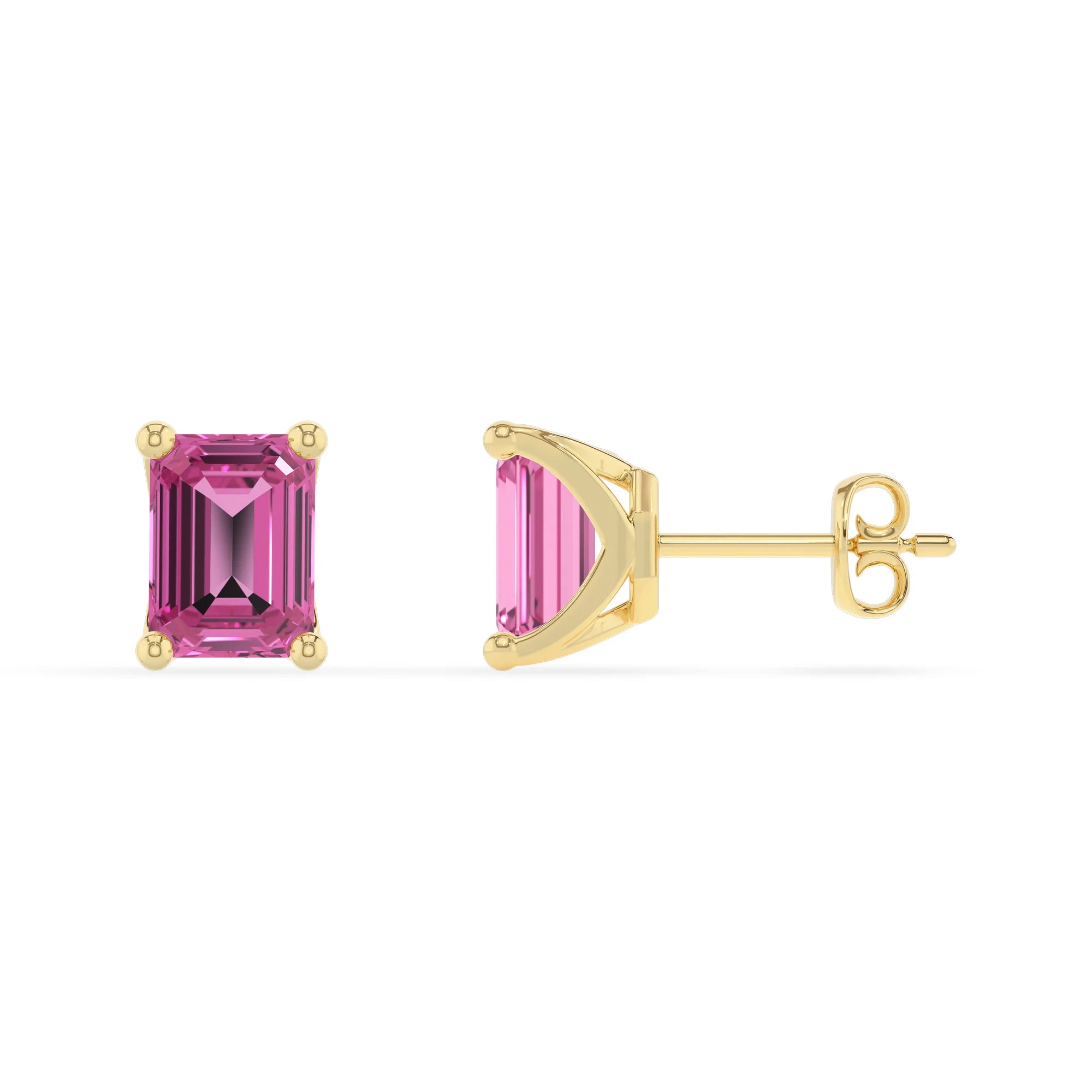 lab grown pink sapphire emerald cut stud earrings in yellow gold