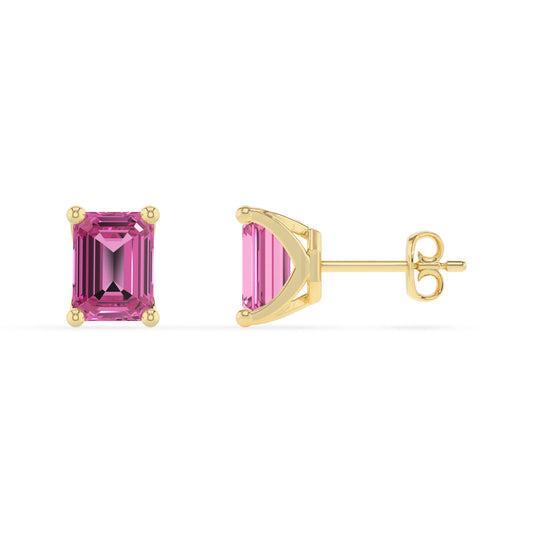 lab grown pink sapphire emerald cut stud earrings in yellow gold