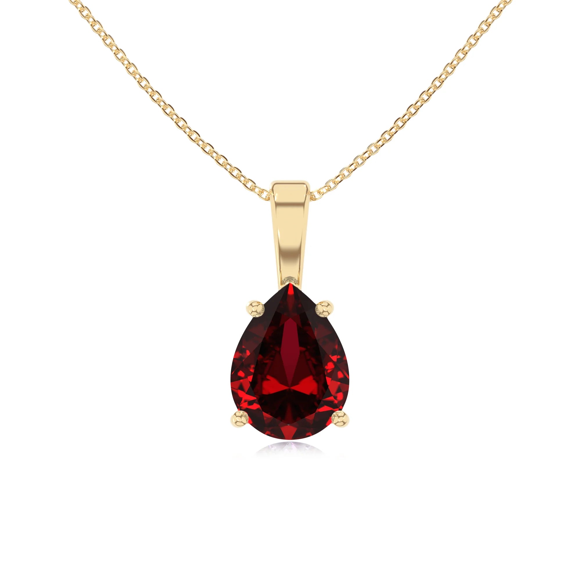 lab grown ruby pear solitaire necklaces in yellow gold